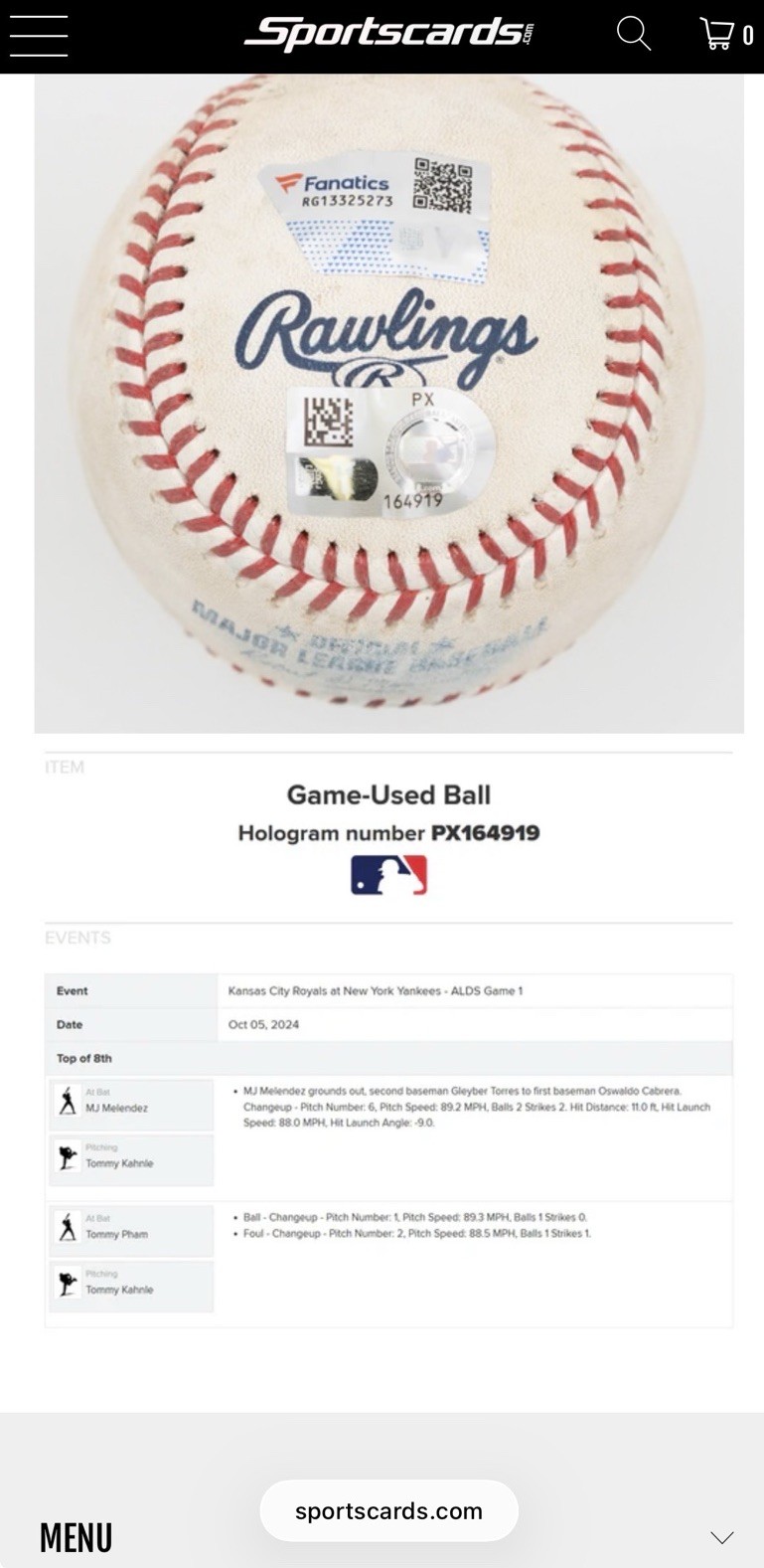 MJ Melendez Game Used Ball Infusion- Royals ALDS Game 1 _ Topps 2024 Series 2