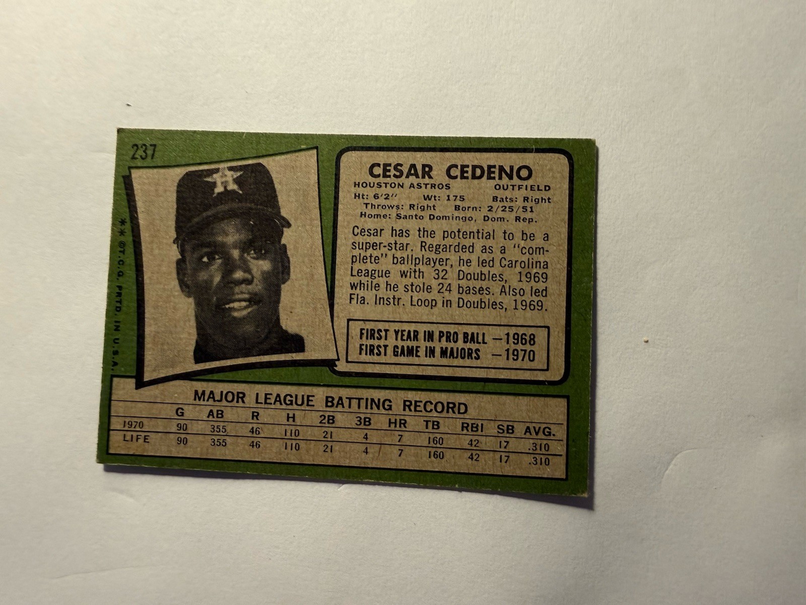 1971 Topps Baseball Cesar Cedeno Houston Astros #237 (RC) EXMT