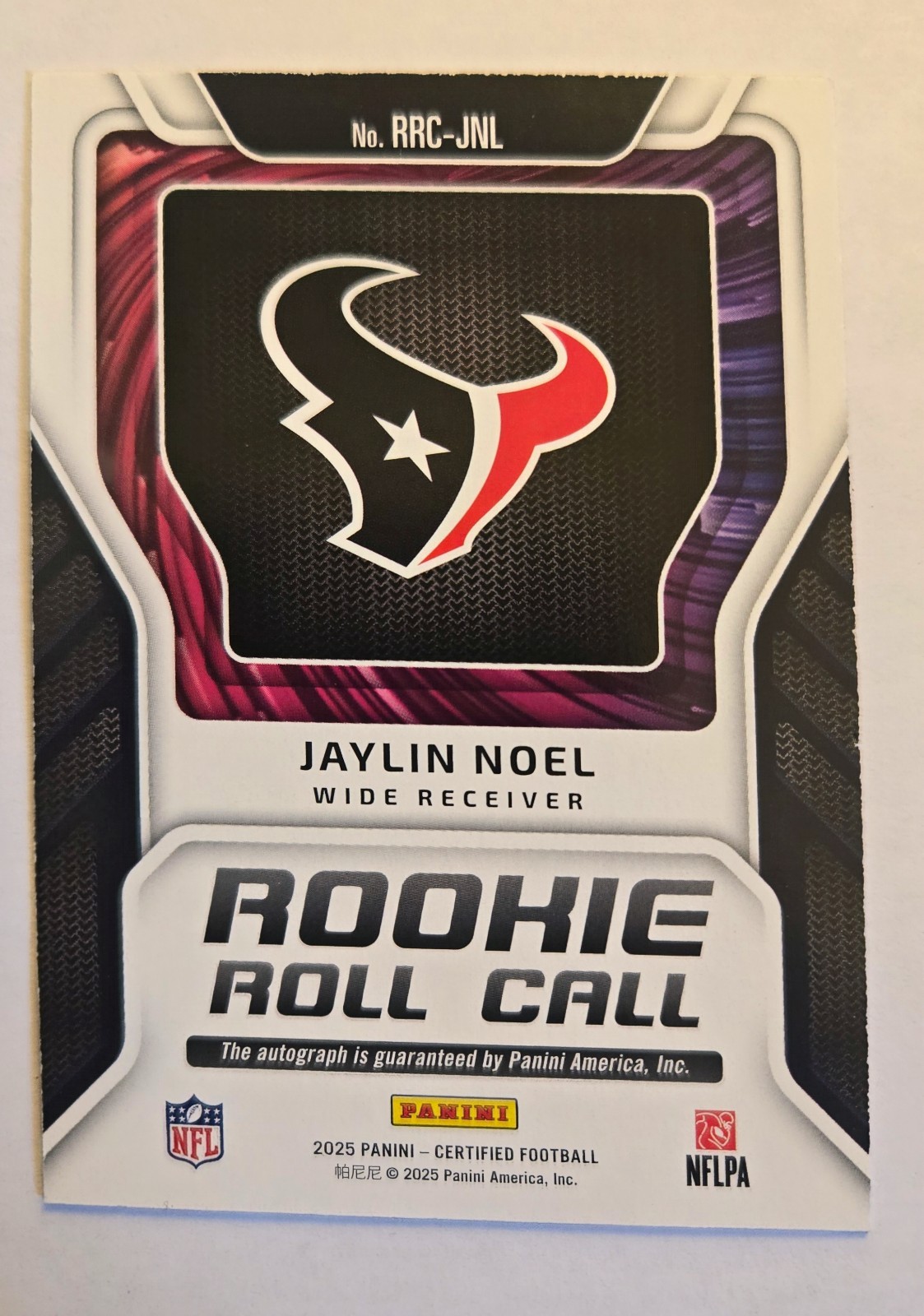Jaylin Noel Rookie Roll Call Auto /125-2025 Panini Certified Texans NFL RC SN AU