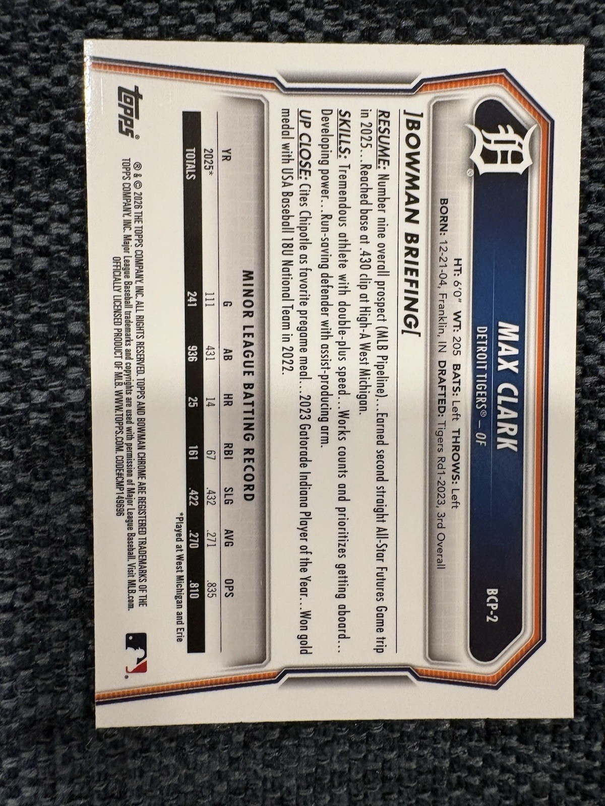 2026 Bowman Chrome Max Clark #BCP-2 Pink Mojo Refractor 136/199 Detroit Tigers