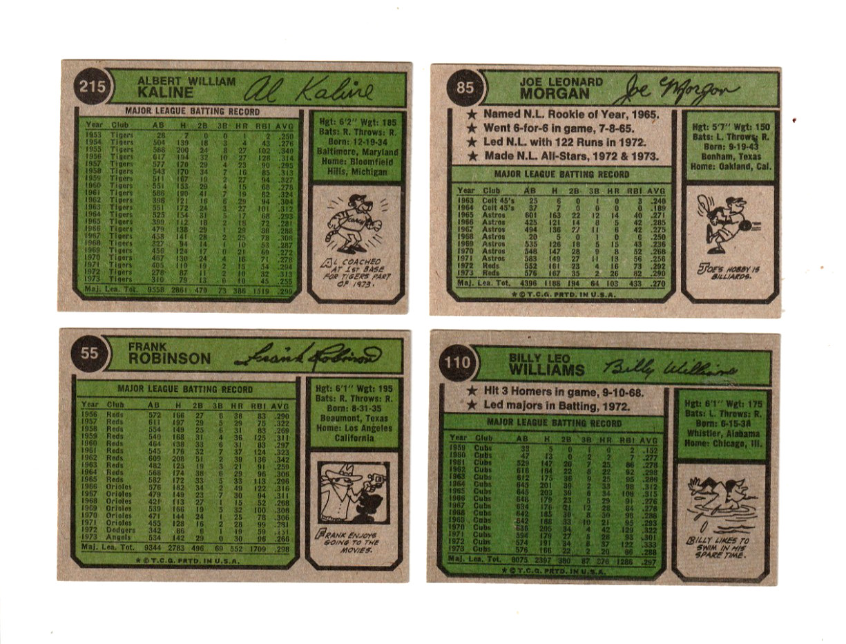 1974 Topps Lot Of 4 HOF’ers Al Kaline,Frank Robinson;Billy Williams,Joe Morgan