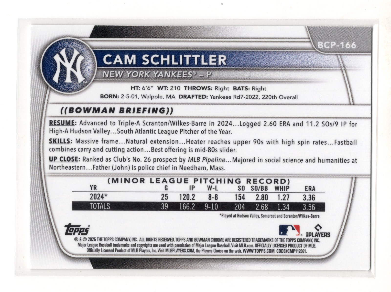 2025 Bowman Chrome Cam Schlittler MOJO REFRACTOR RC #BCP-166 YANKEES