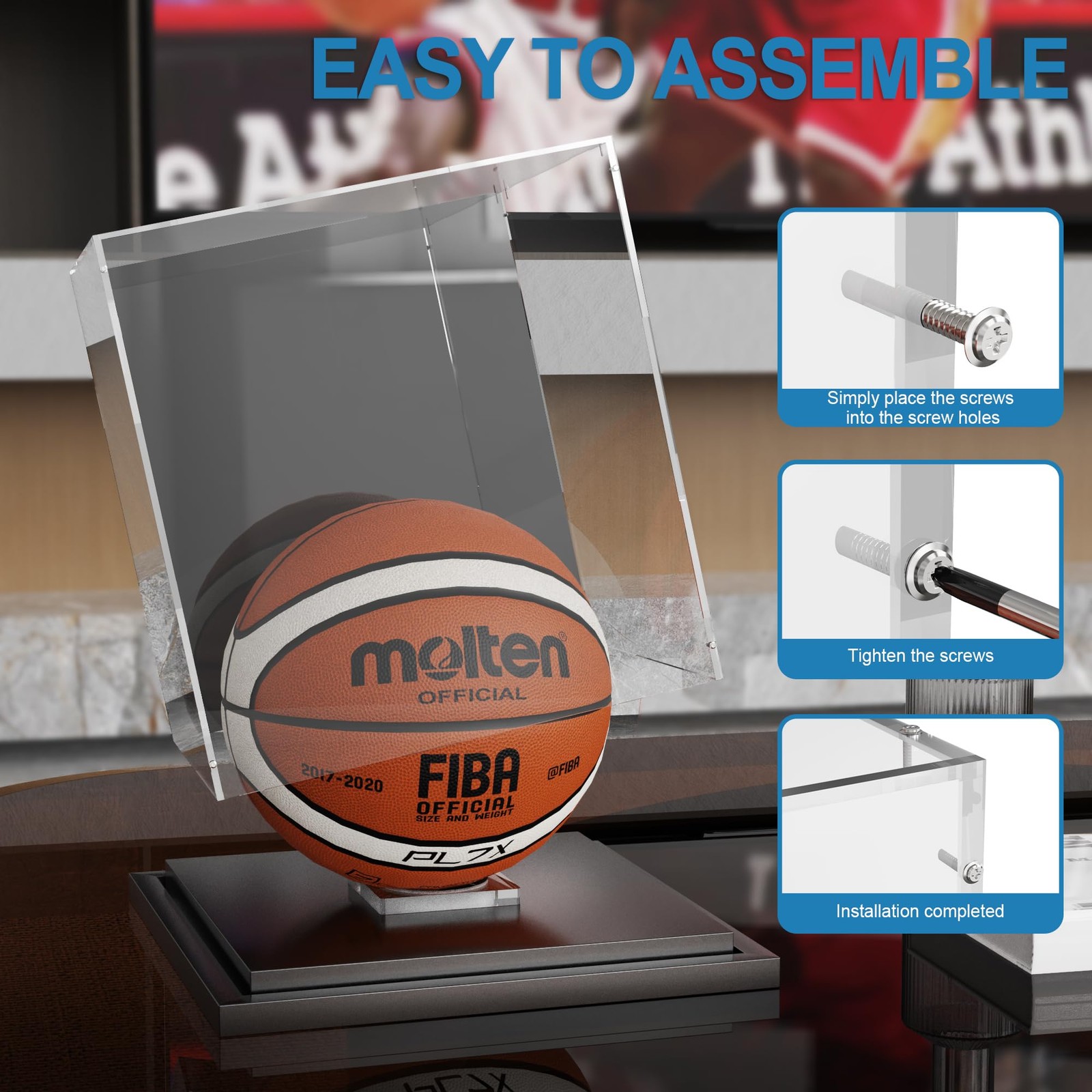 Basketball Display Case with Mirror Back and Black Metal Grooved Base Acrylic Ba