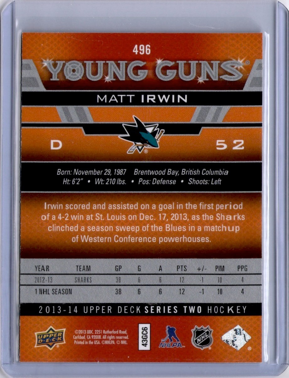 Matt Irwin Young Guns #496 2013-14 Upper Deck Series 2 [M190]