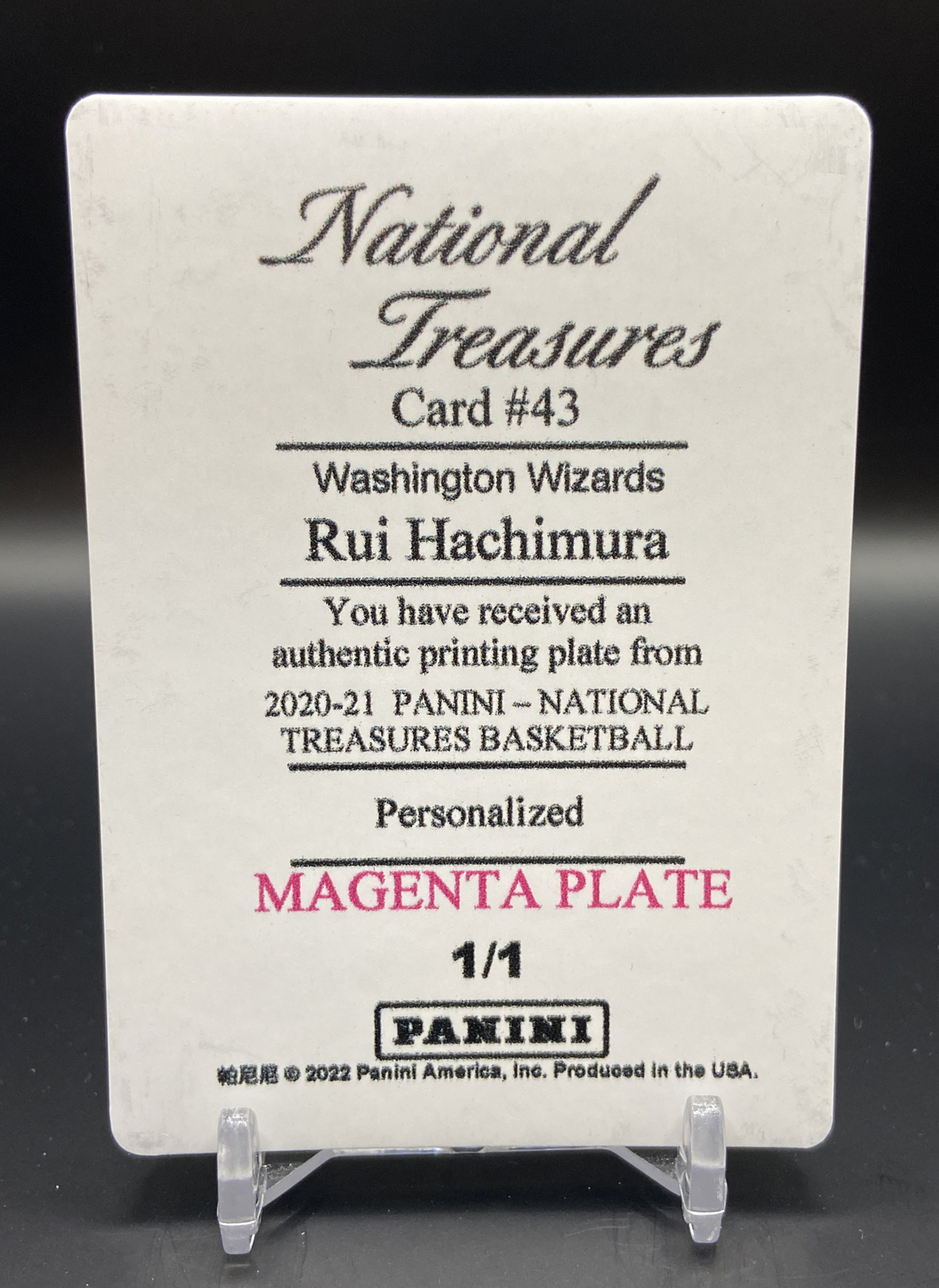 RUI HACHIMURA 2020 21 PANINI NATIONAL TREASURES #43 MAGENTA PLATE 1/1 One of One