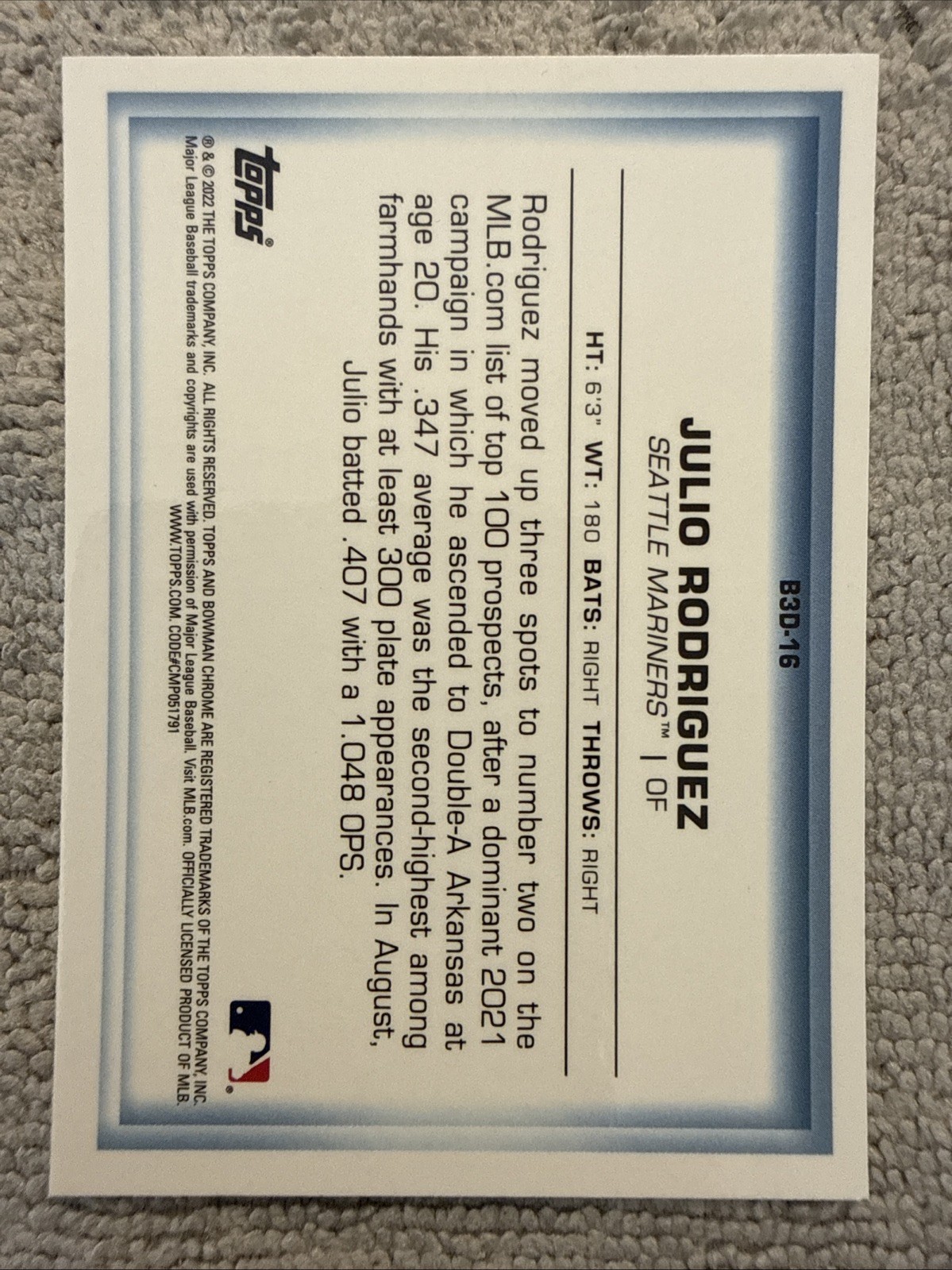 Julio Rodriguez 2022 Bowman in 3-D Insert Rookie Card #B3D-16 Seattle Mariners