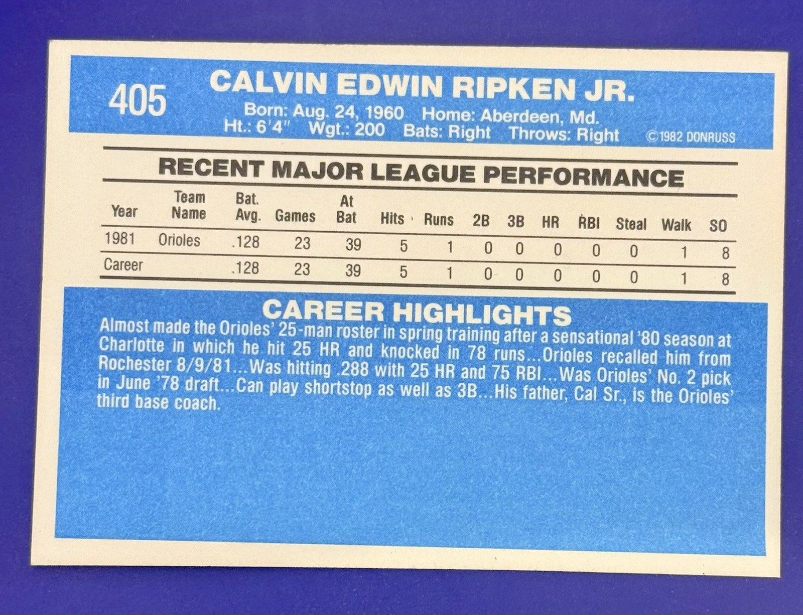 Donruss 1982 Donruss Cal Ripken Jr. Baltimore Orioles #405 Rookie Base Set