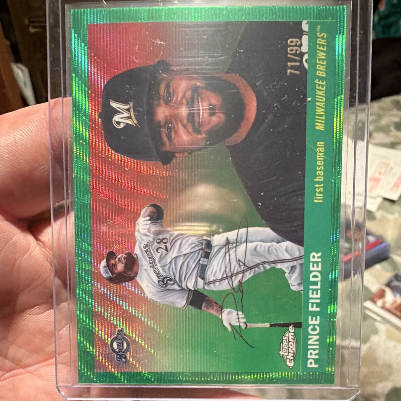 2025 Topps Chrome Platinum Prince Fielder Green Wave 71/99 Milwaukee Brewers