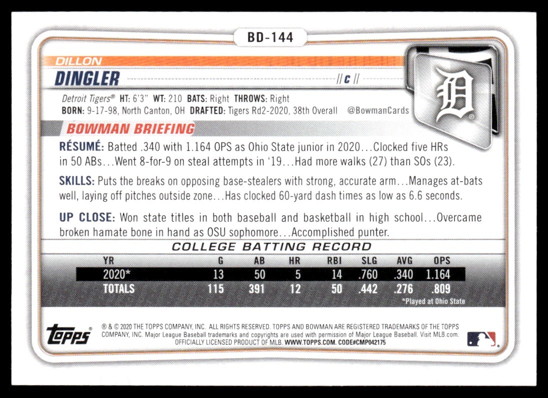 DILLON DINGLER 2020 BOWMAN DRAFT RC DETROIT TIGERS #BD-144 1ST BOWMAN