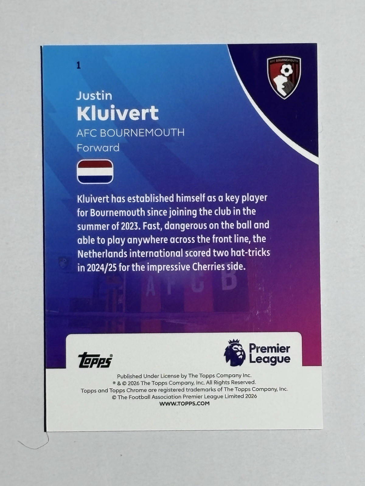 2026 Topps Chrome Premier League JUSTIN KLUIVERT REFRACTOR /299 #1