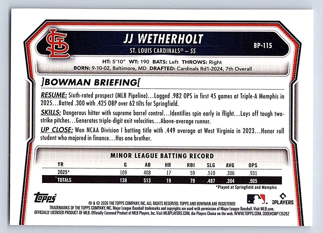 JJ WETHERHOLT CARDINALS 2026 BOWMAN PROSPECTS #BP-115