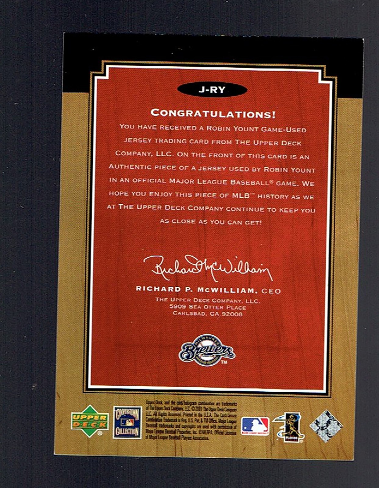 Robin Yount 2001 Upper Deck Legends Legendary Game Jerseys Brewers HOF