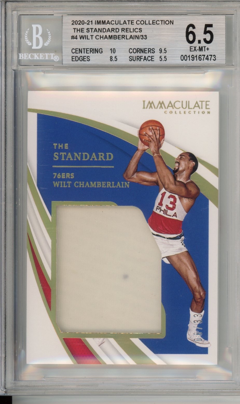 2020 Immaculate Collection The Standard Relics Wilt Chamberlain /33 JSY BGS 6.5