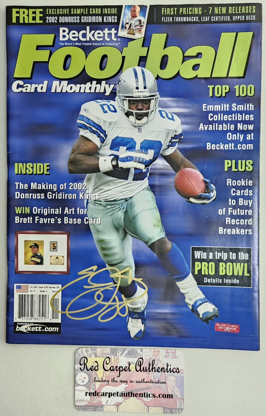 COWBOYS AUTO EMMITT SMITH SIGNED 2002 BECKETT FOOTBALL CARD MONTHLY MAGAZINE 💰