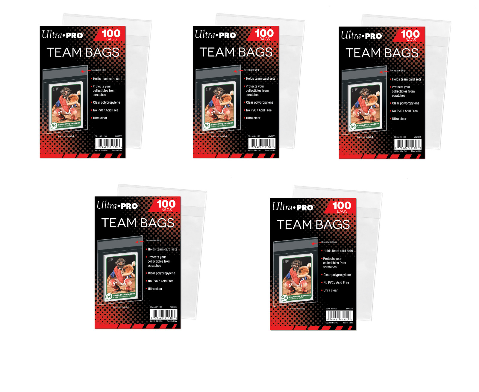(500 / 5 Packs) Ultra Pro Resealable Team Set Bags Trading Card Storage