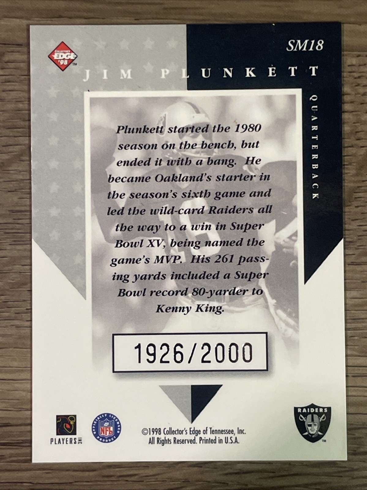 1998 Collectors Edge Masters Super Masters #18 Jim Plunkett /2000