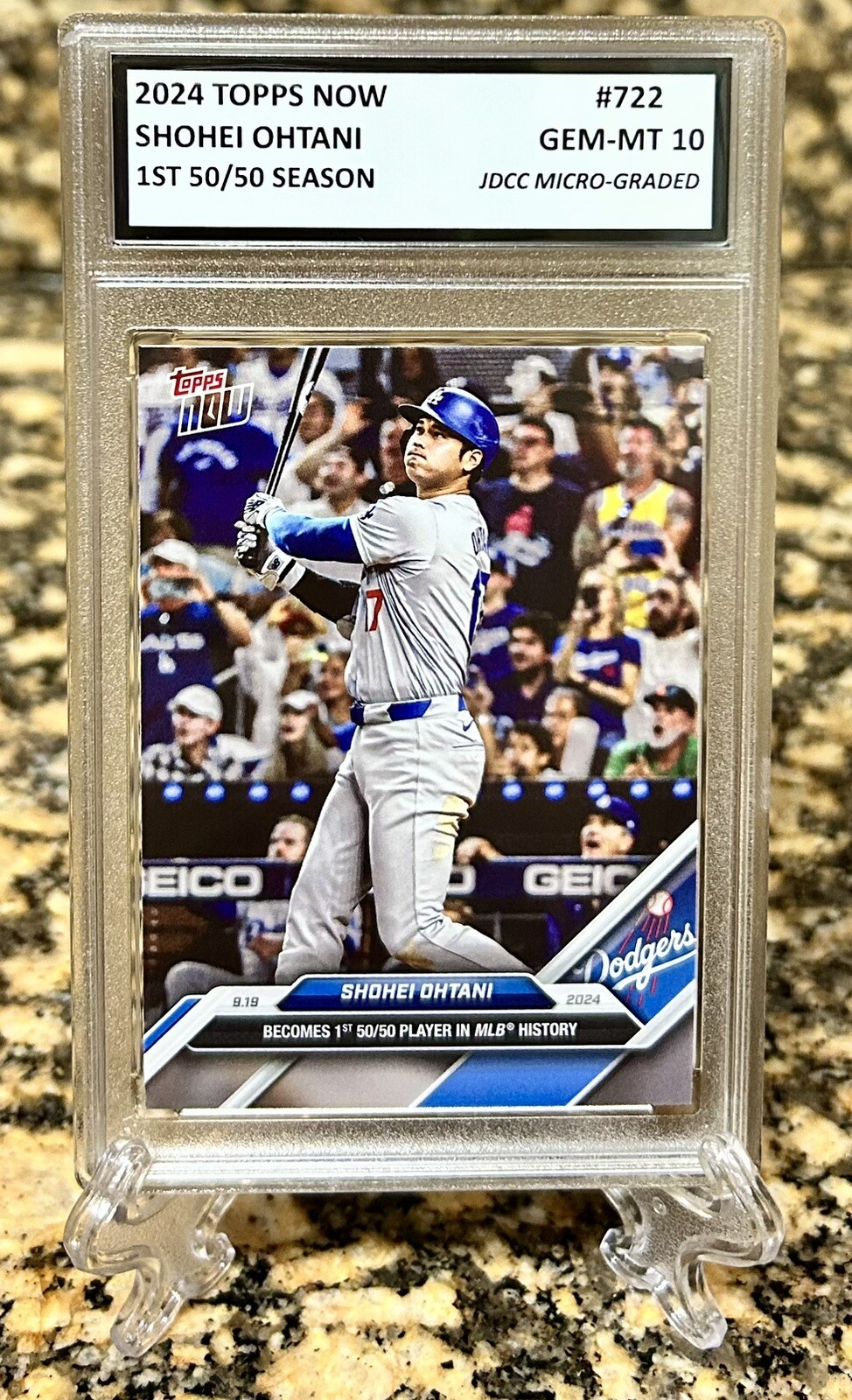 GRADED GEM-MT 10 SHOHEI OHTANI 2024 TOPPS NOW 1st MLB 50/50 Season #722. COA!