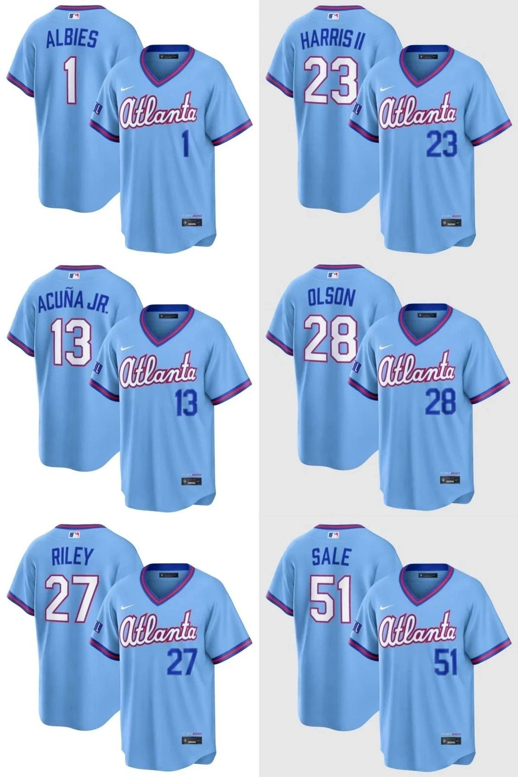 NWT Atlanta Braves Powder Blue City Connect Stadium Jersey All Stitched Mens