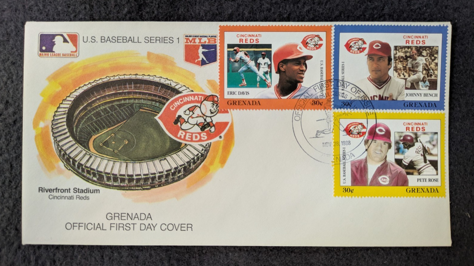 1988 First Day Cover Grenada – RIVERFRONT Stadium – Pete Rose, Bench, Davis REDS
