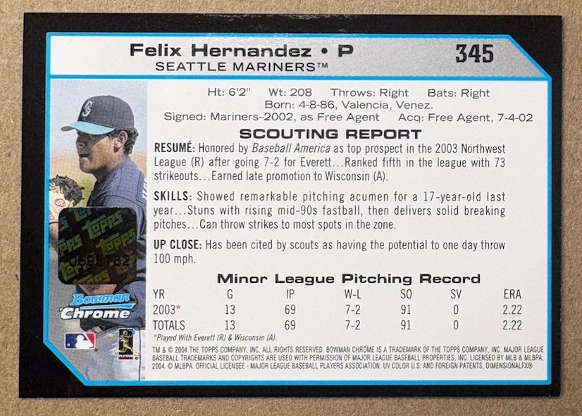 Topps 2004 Bowman Chrome Felix Hernandez Mariners #345 First Year Auto