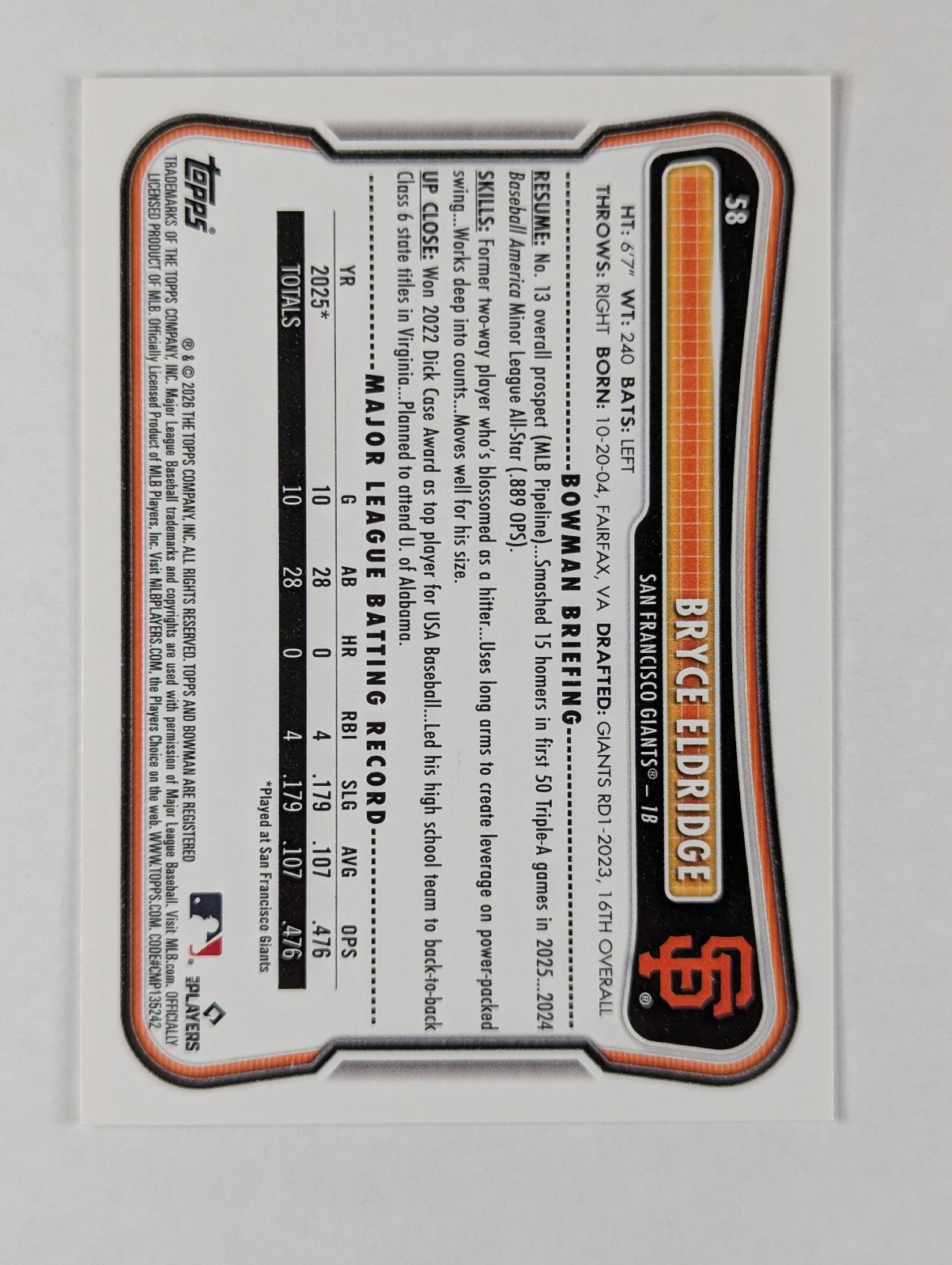 2026 Bowman – Bryce Eldridge Rookie #58 Base Paper Giants