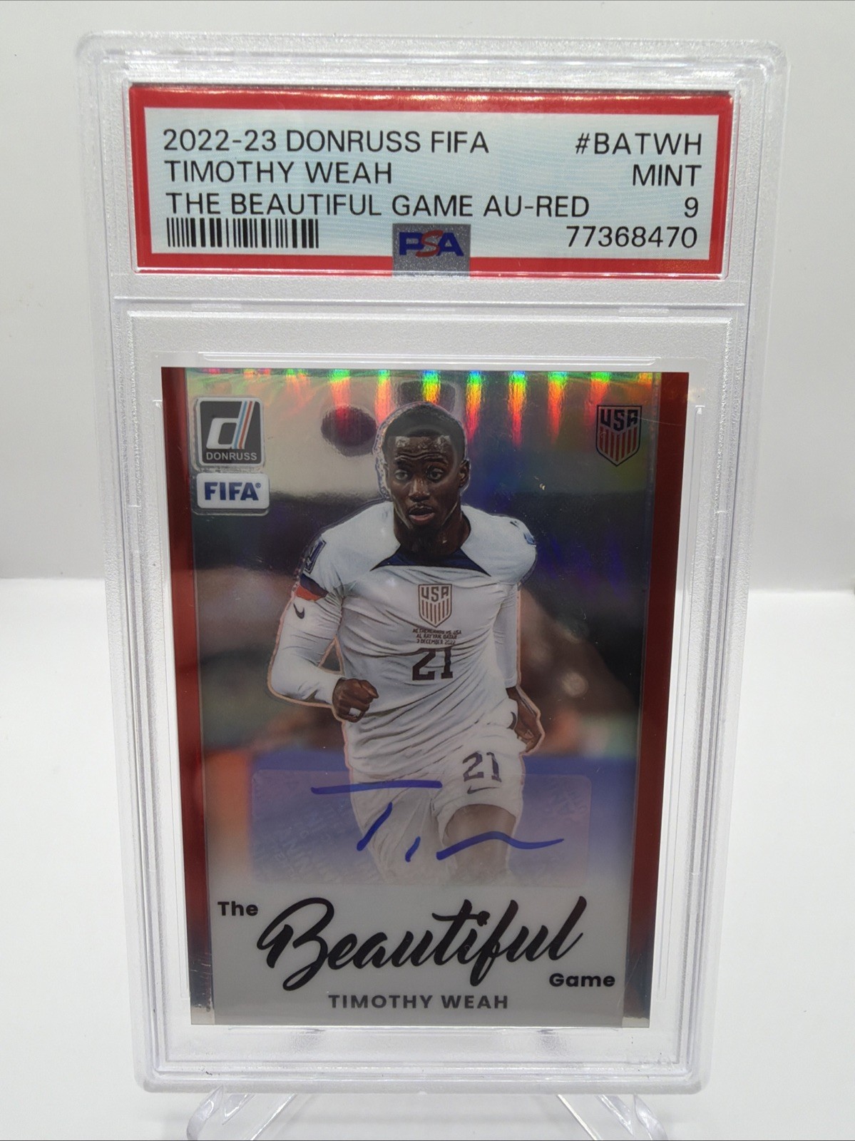 2022-23 Donruss TIMOTHY WEAH USMNT The Beautiful Game Auto Red /49 PSA 9
