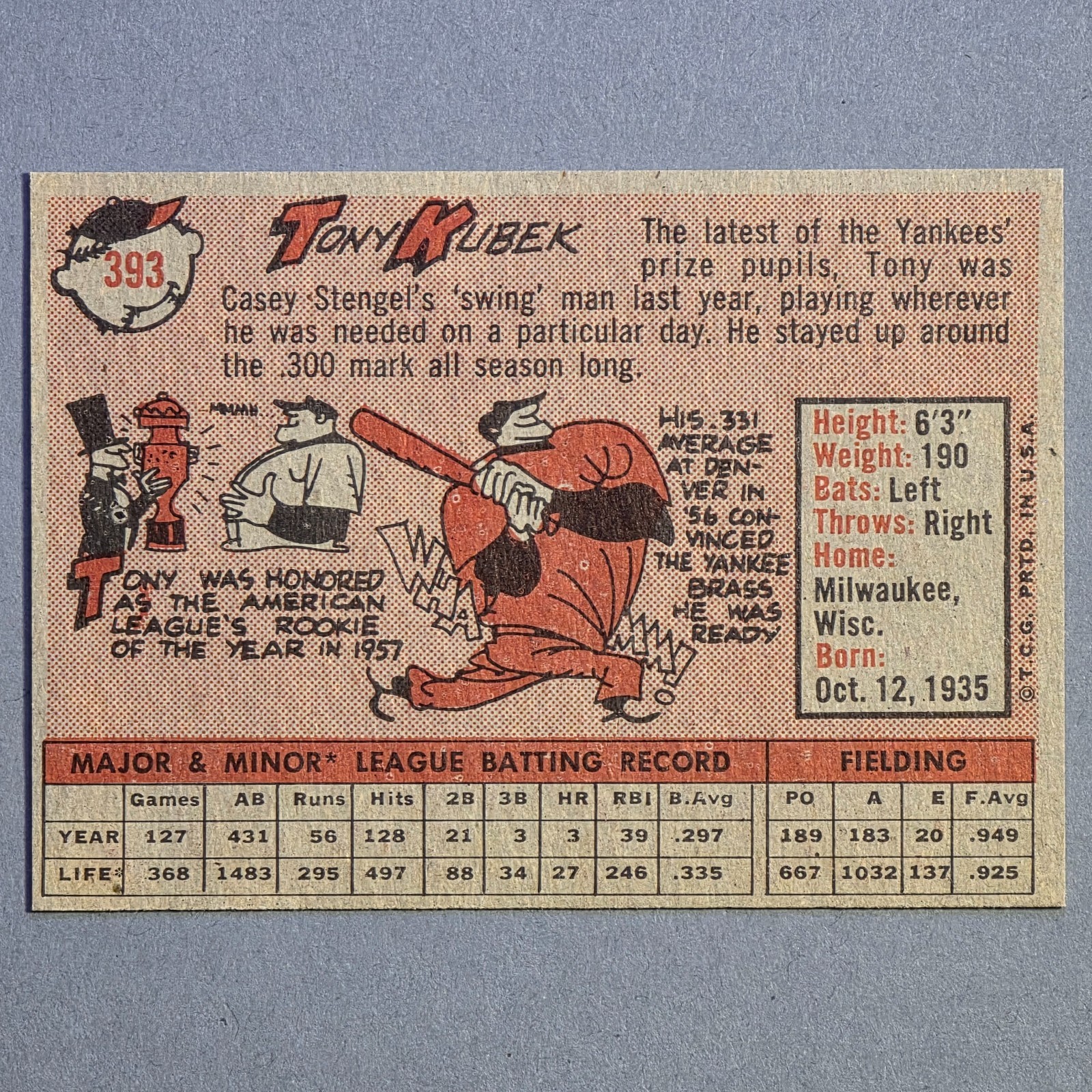 1958 Topps #393 Tony Kubek – New York Yankees – Nm-Mt