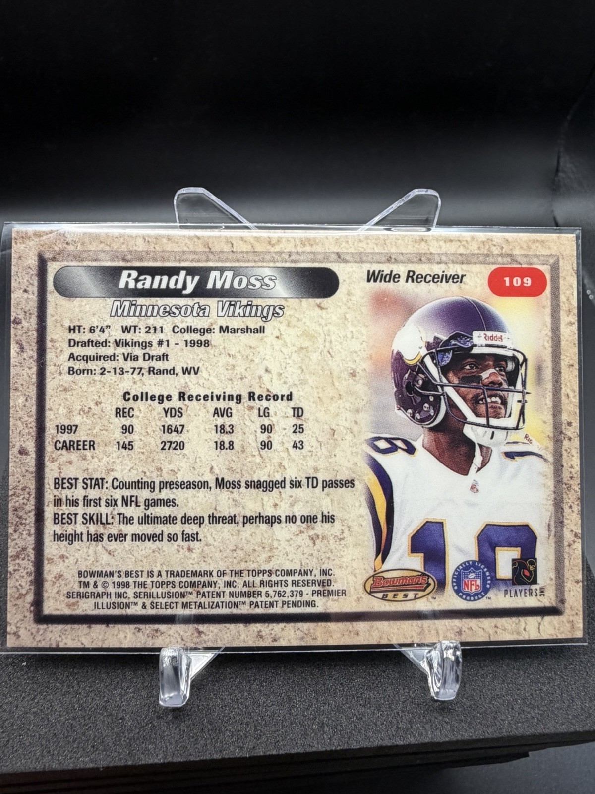 Topps 1998 Bowman’s Best Randy Moss #109 RC Minnesota Vikings Football