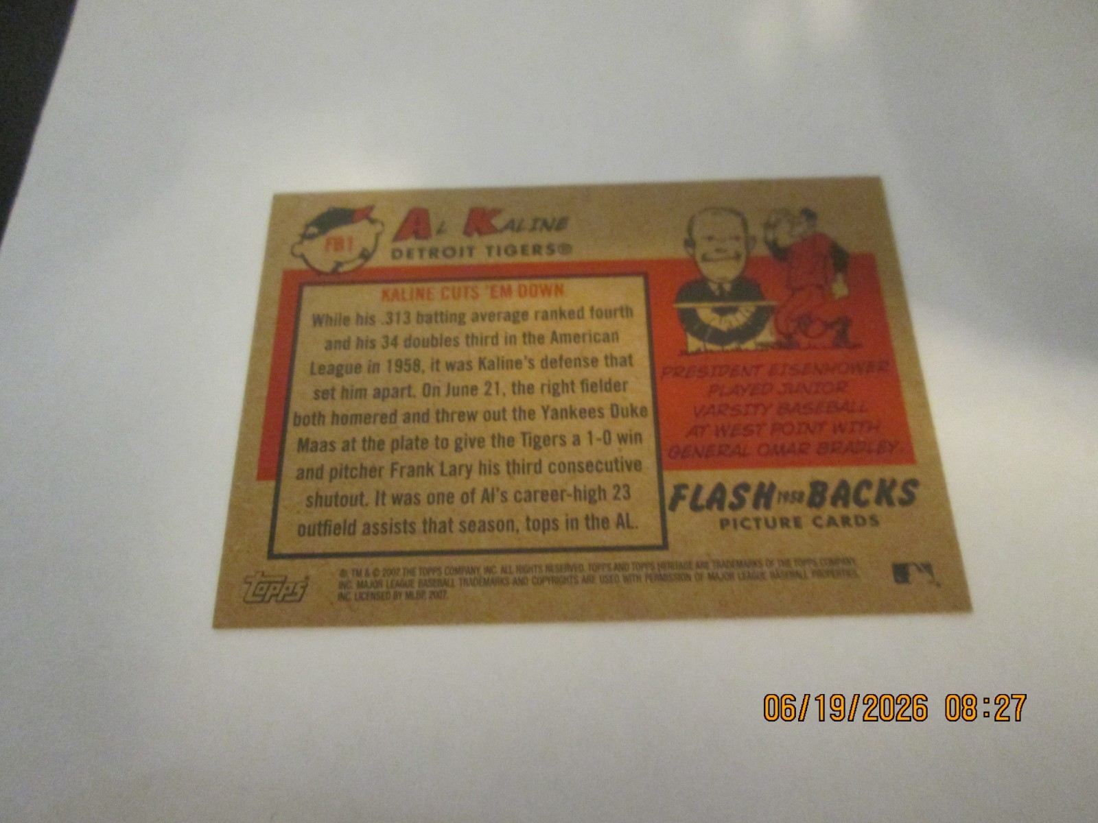 AL KALINE TIGERS 2007 TOPPS HERITAGE FLASH BACKS 1958 DESIGN INSERT #FB1