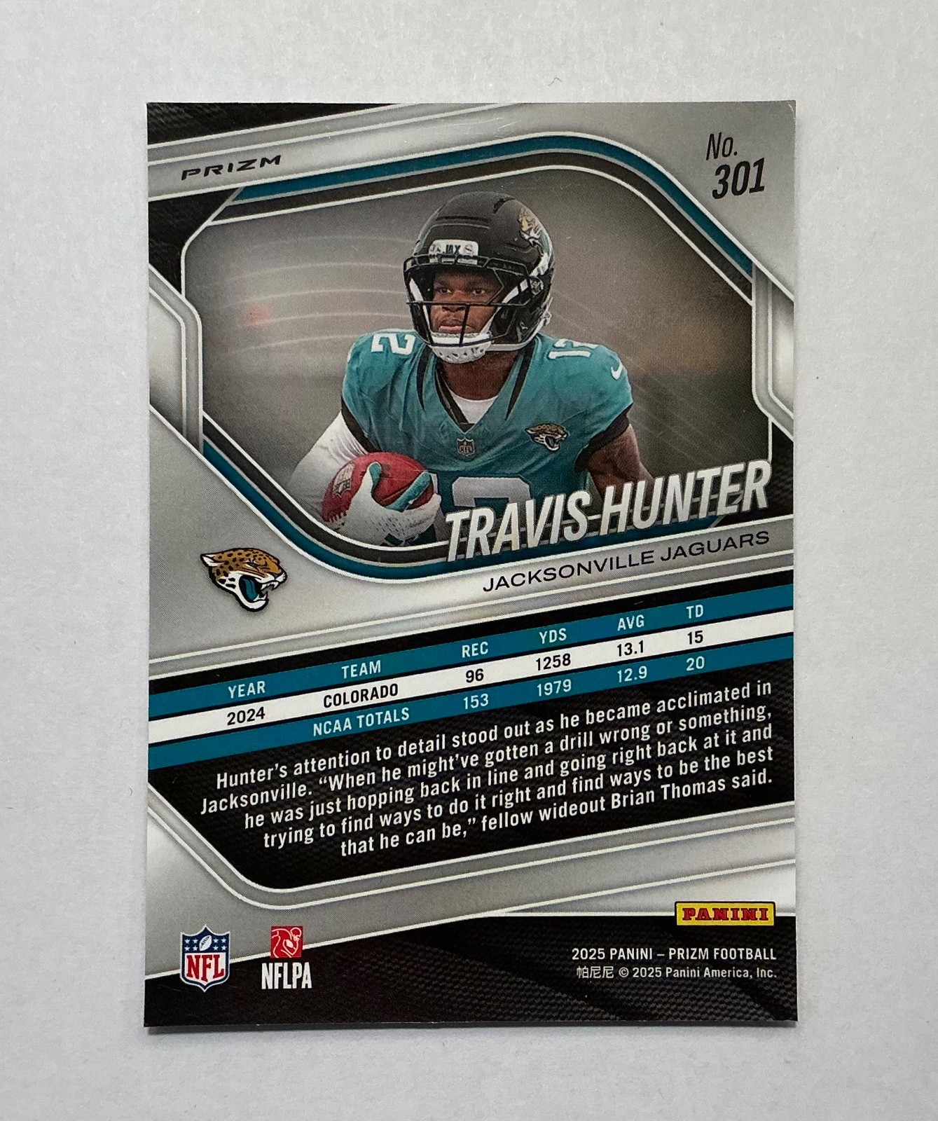 2025 Panini Prizm TRAVIS HUNTER Silver Holo Rookie #301 Jaguars RC
