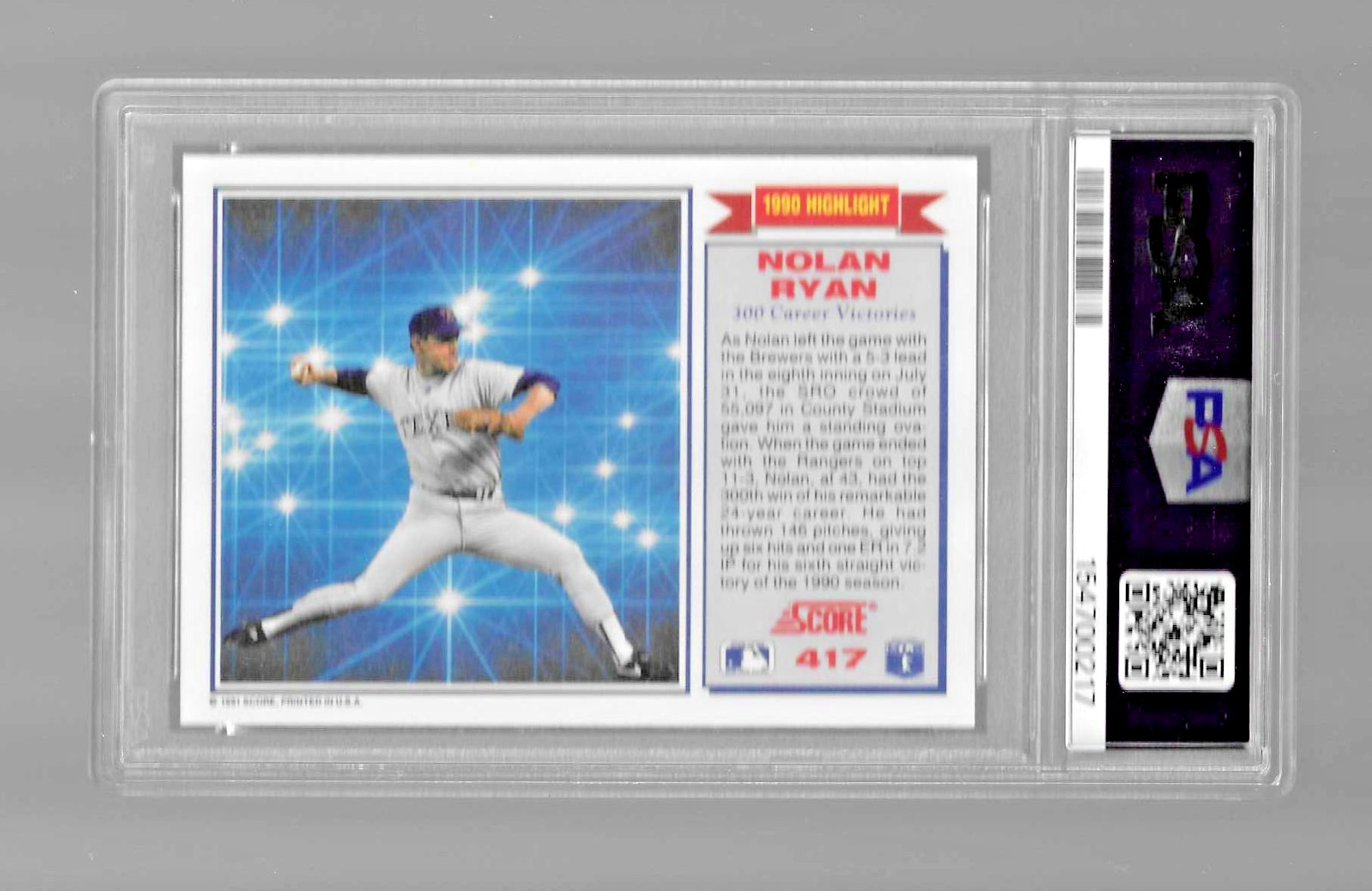 1991 SCORE BASEBALL CARD 417 HOF NOLAN RYAN PSA 10 TEXAS RANGERS 300 CAREER WINS
