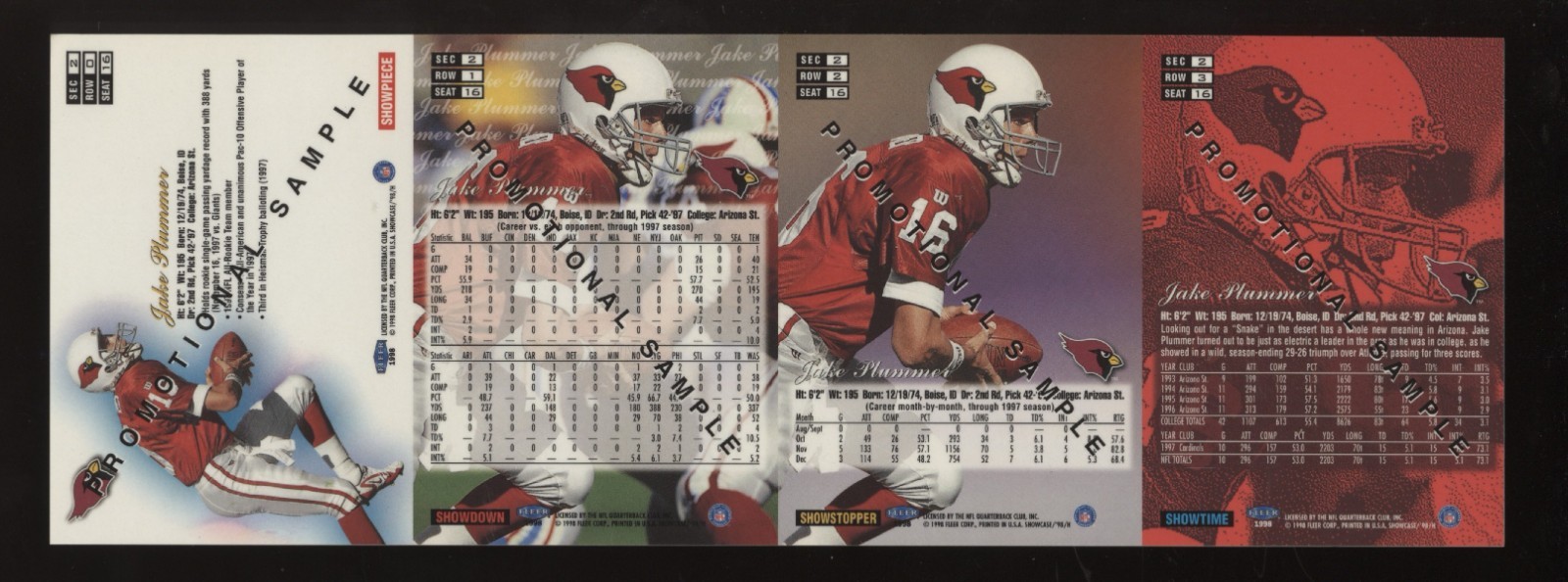 Rare Uncut 1998 Flair Showcase Jake Plummer Promotional Sample Row 0 1 2 3