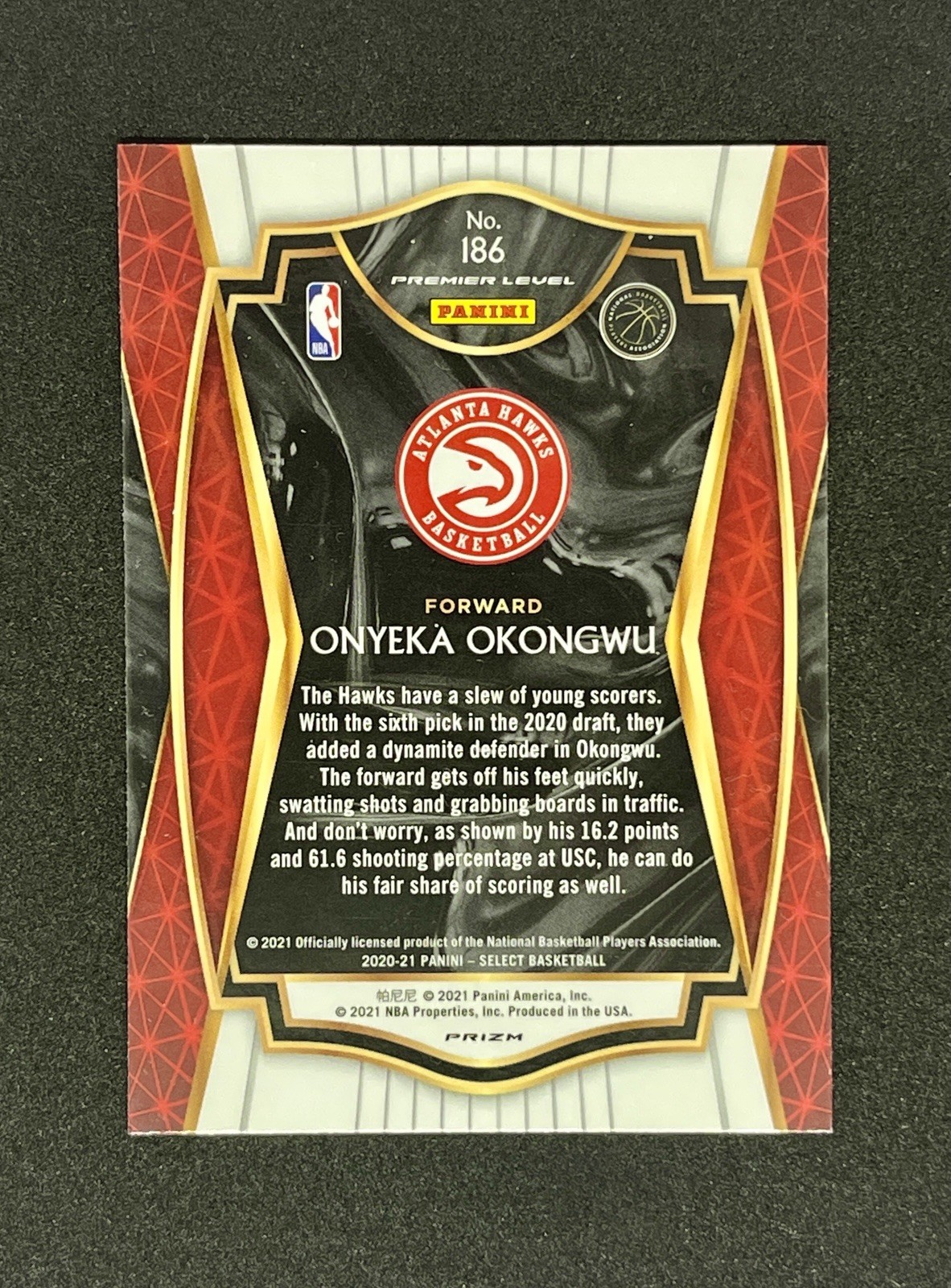 2020-21 Select Onyeka Okongwu Silver Disco Prizm RC Premier Level #186 Hawks