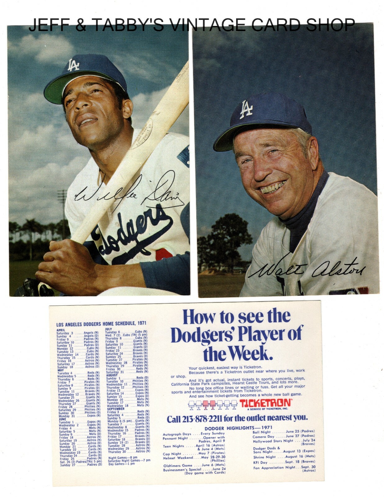 1971 Dodgers Ticketron 6″ x 4″ Schedule cards see drop down menu
