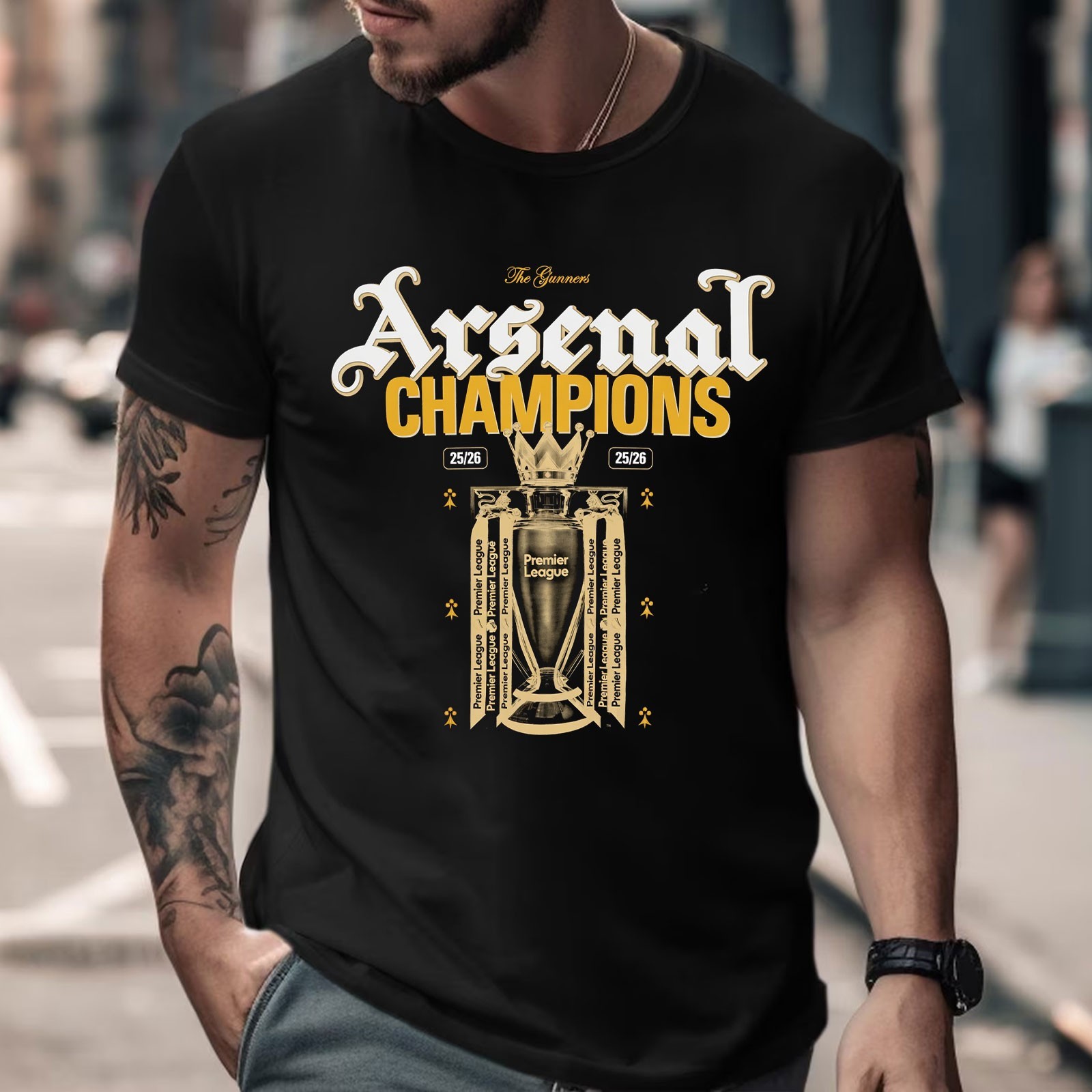Arsenal Premier League Champions 25/26 Retro Tee – The Gunners Gold Trophy Shirt