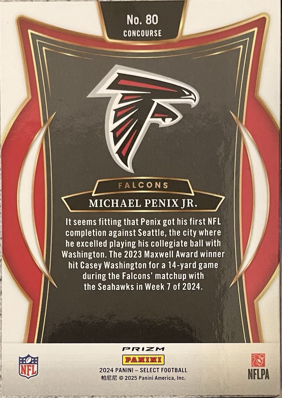 2024 PANINI SELECT # 80 MICHAEL PENIX JR GREEN, WHITE, AND YELLOW PRIZM SHOCK