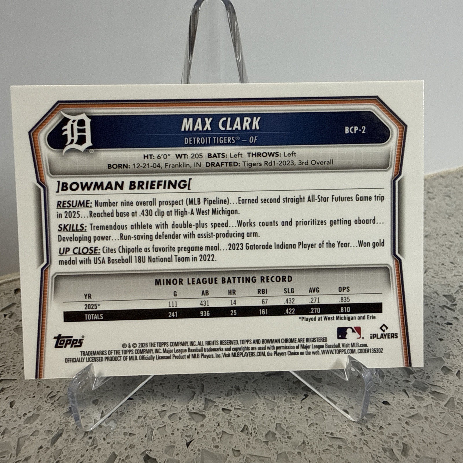 2026 Bowman – Max Clark Chrome Prospect Wave Refractor /350 #BCP-2 Tigers