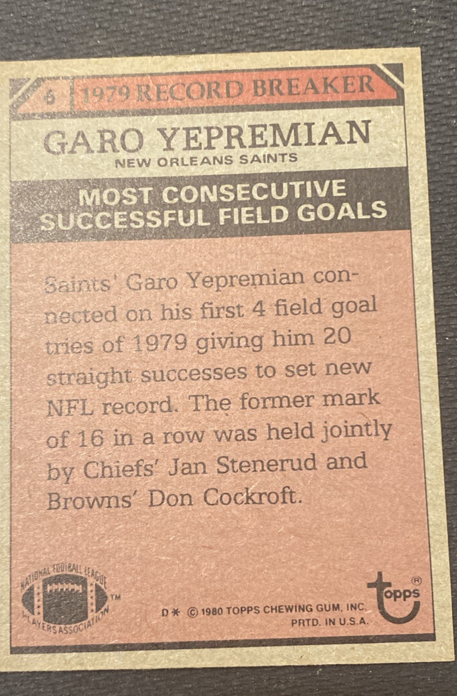 Garo Yepremian signed auto 1980 Topps #6 card New Orleans Saints