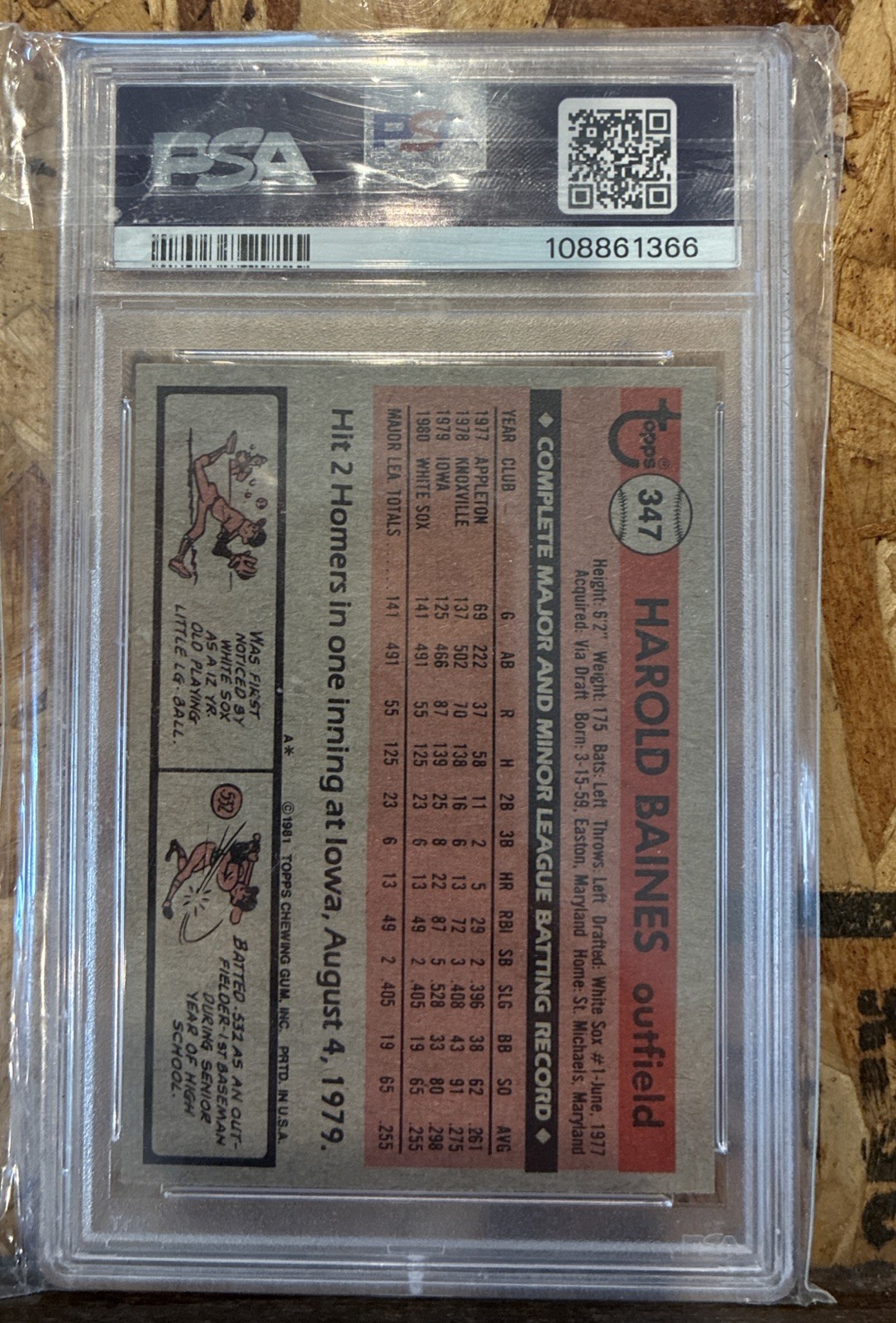 1981 OPC BASEBALL 347 HAROLD BAINES ROOKIE CARD PSA 8 NEAR MINT-MINT