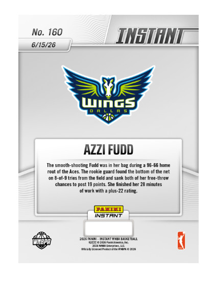 Azzi Fudd RC – 2026 Panini Instant WNBA #160 Dallas Wings PRESALE