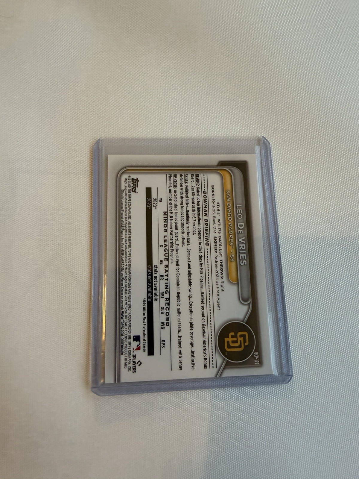 2024 Bowman Chrome – Prospects Leo De Vries #BCP-179 Aqua Mojo Refractor /299