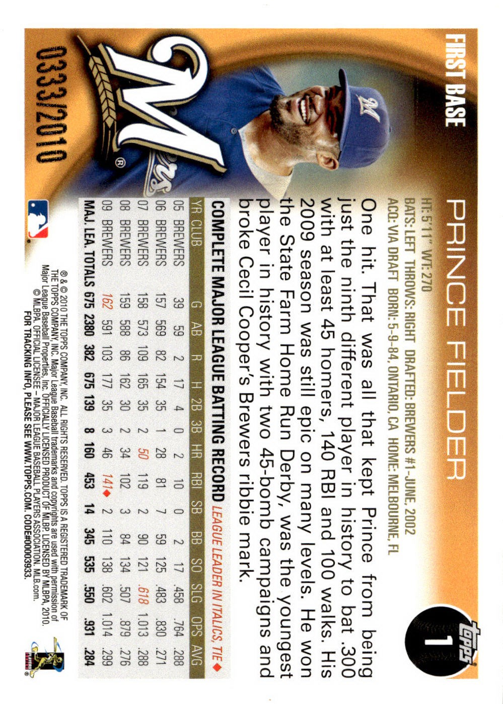 2010 Topps #1 Prince Fielder Gold #/2010 BREWERS