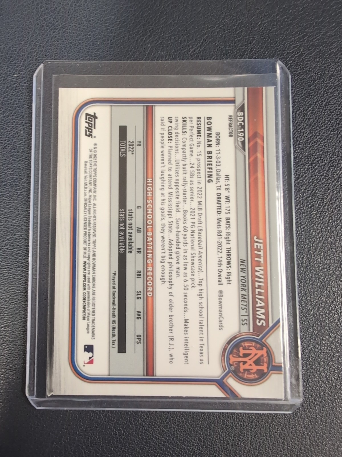 2022 Bowman Draft Jett Williams 1st Bowman Chrome Refractor #BDC-190