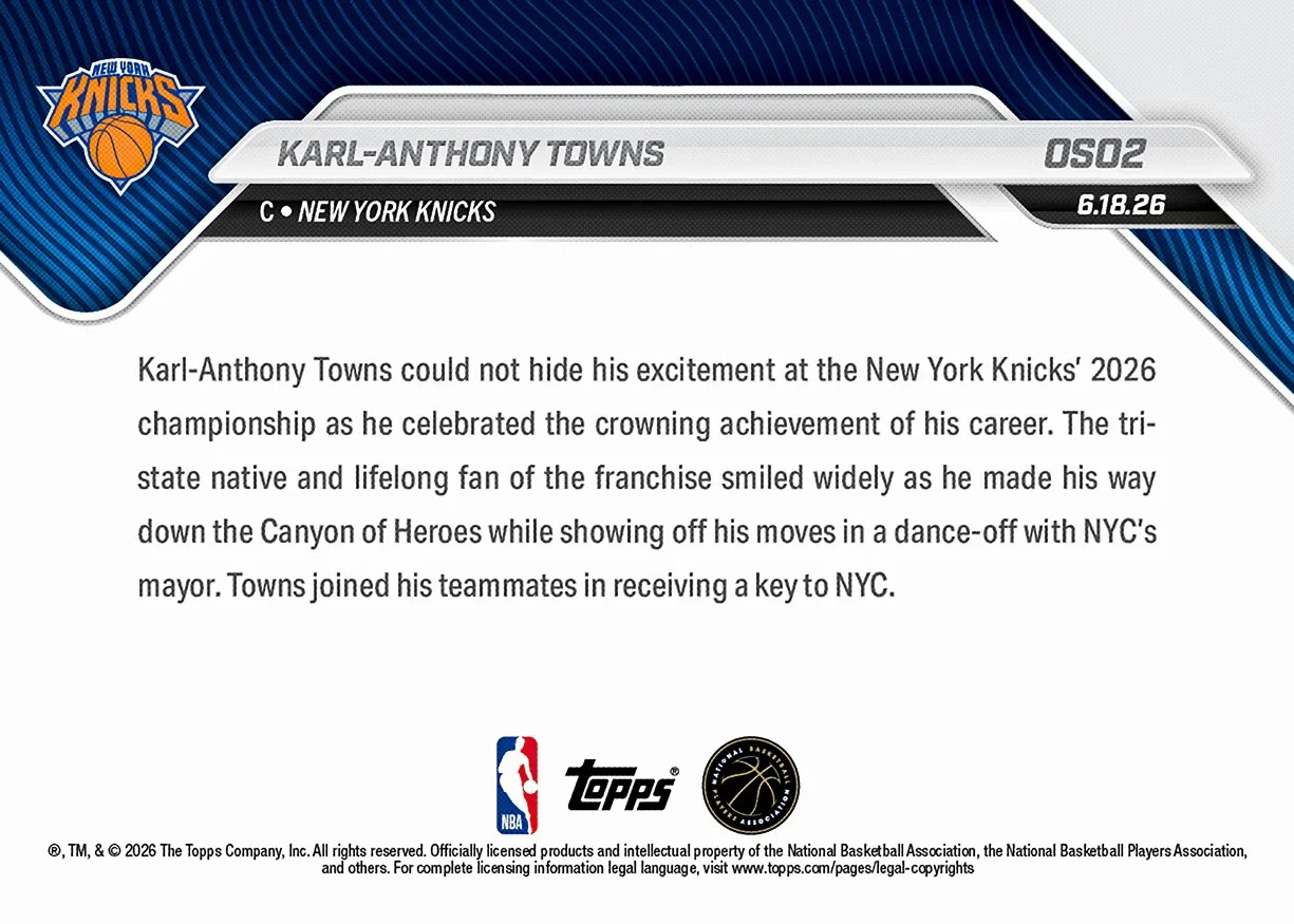 2025-26 Topps Now NBA #OS02 Karl-Anthony Towns New York Knicks PRESALE