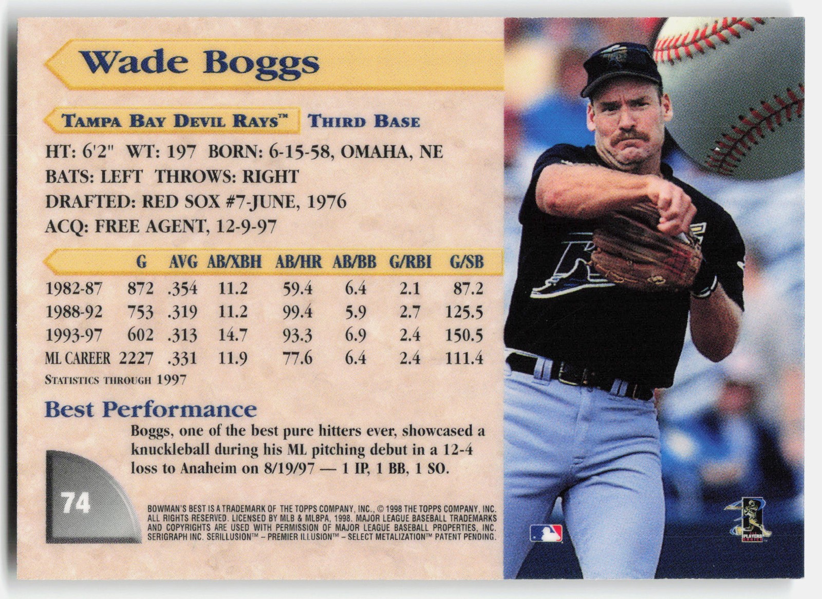1998 Bowman’s Best Wade Boggs #74 Tampa Bay Devil Rays