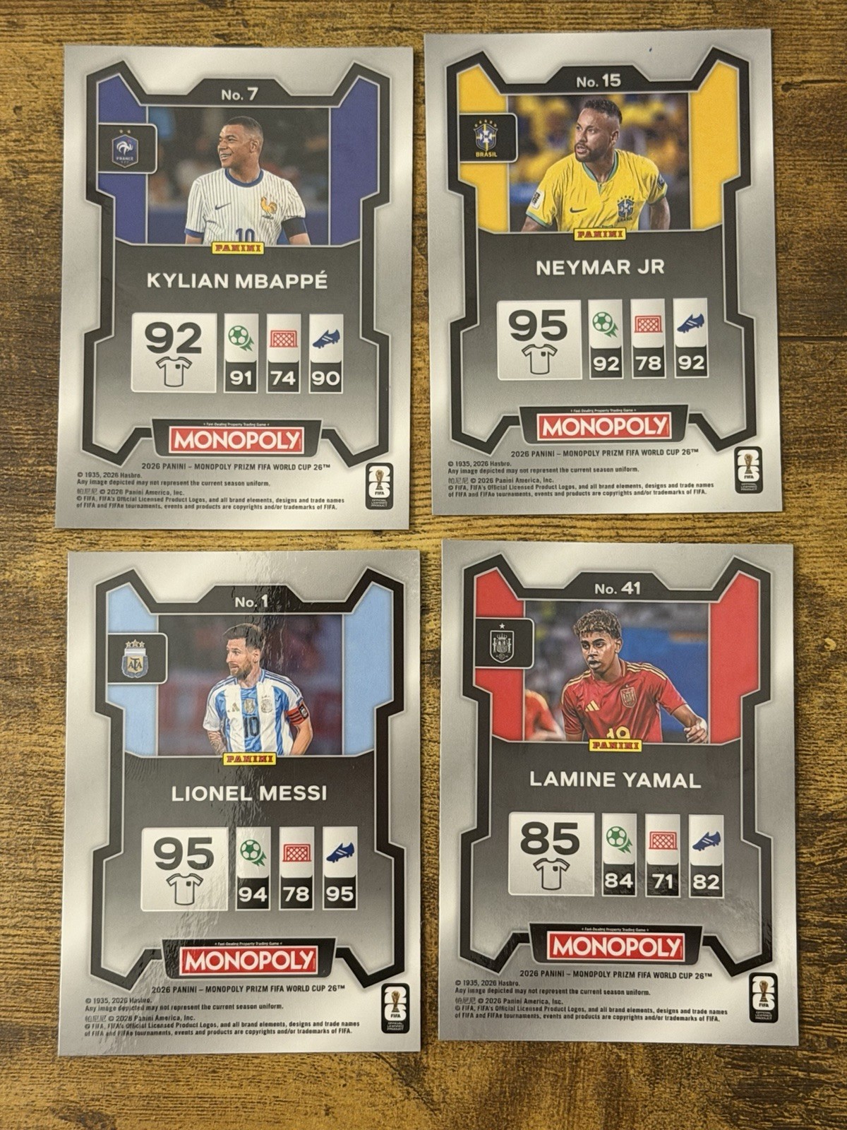 2026 Prizm Monopoly World Cup – 4 Card Base Lot – Messi, Yamal, Mbappe, Neymar