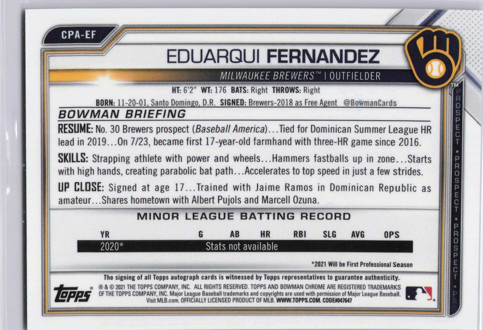 Eduarqui Fernandez 2021 Bowman Chrome #CPA-EF Prospect Autographs Auto