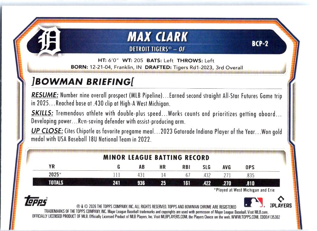 2026 Bowman #BCP-2 Max Clark Chrome Prospects Lazer Refractor