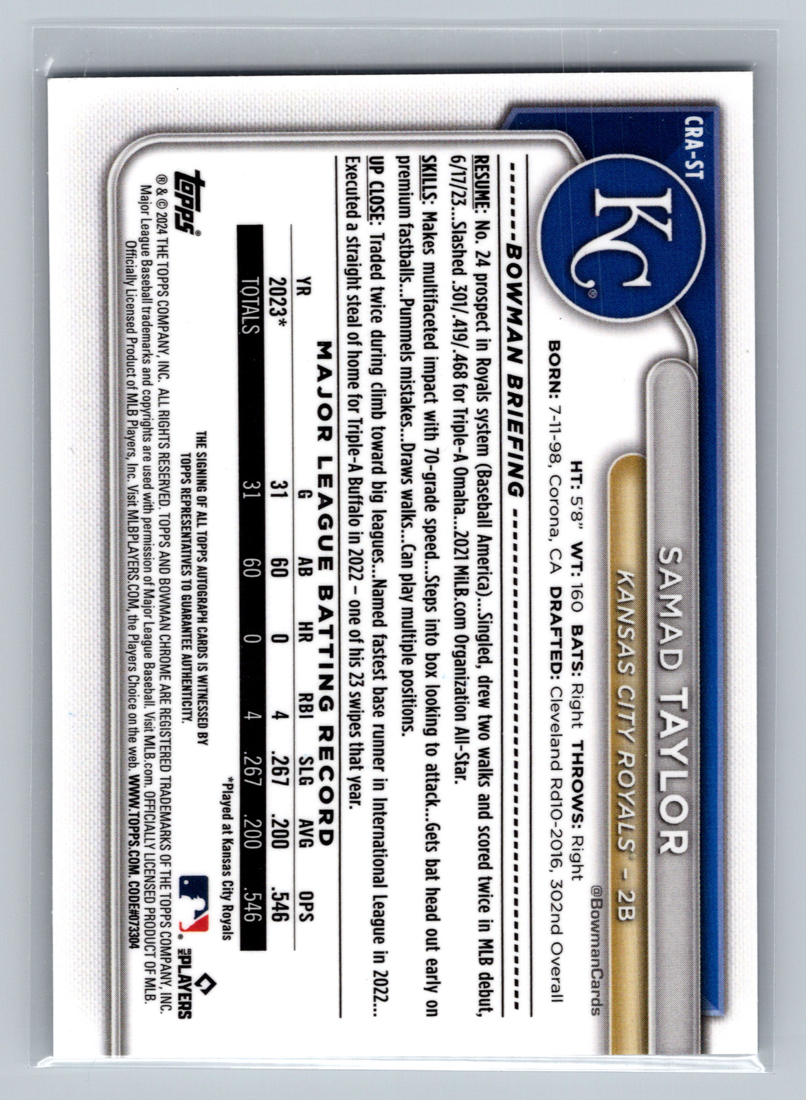 2024 Bowman Chrome Samad Taylor Auto Rookie RC Royals