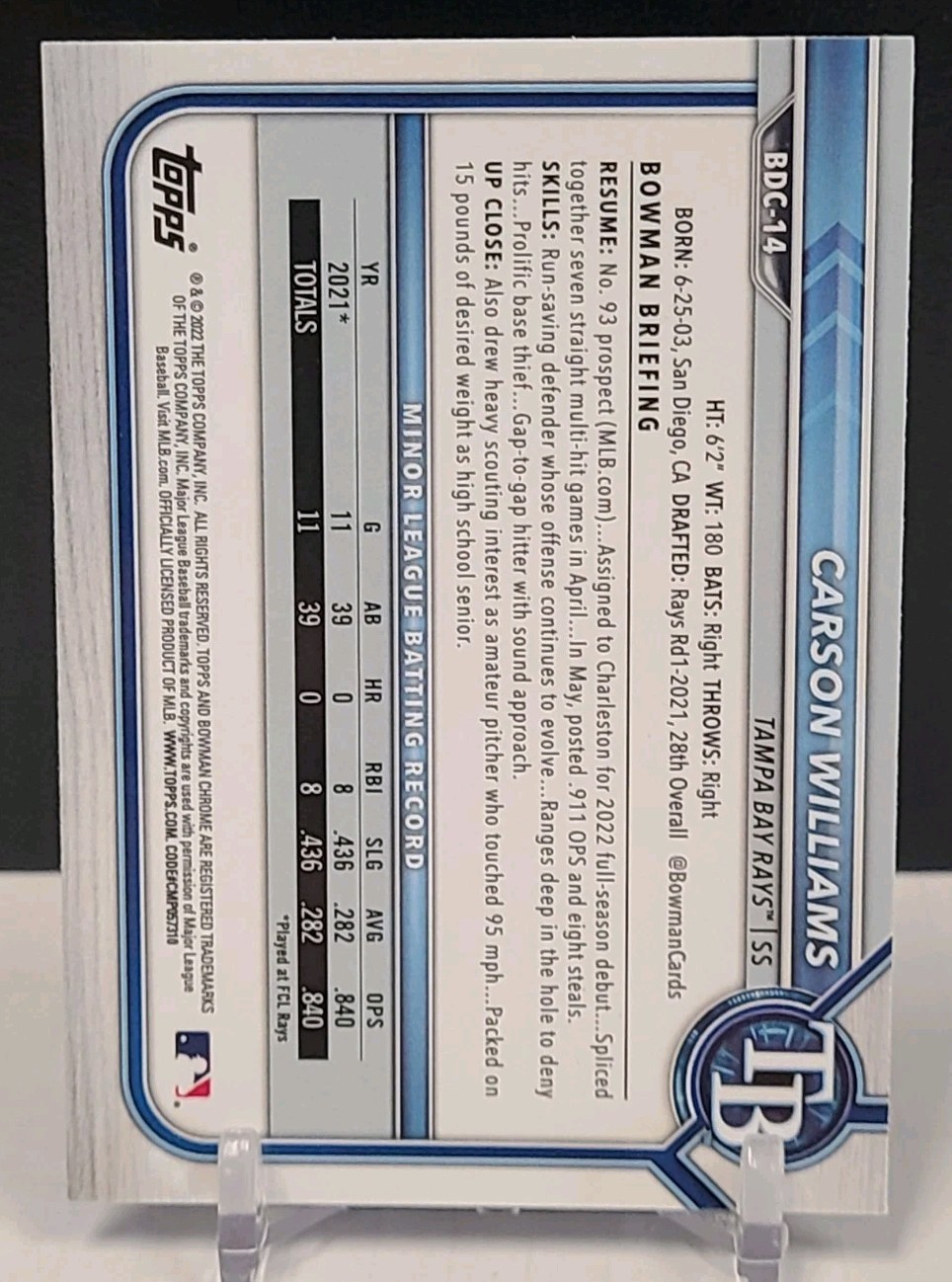 2022 Bowman Draft Chrome Carson Williams #BDC-14